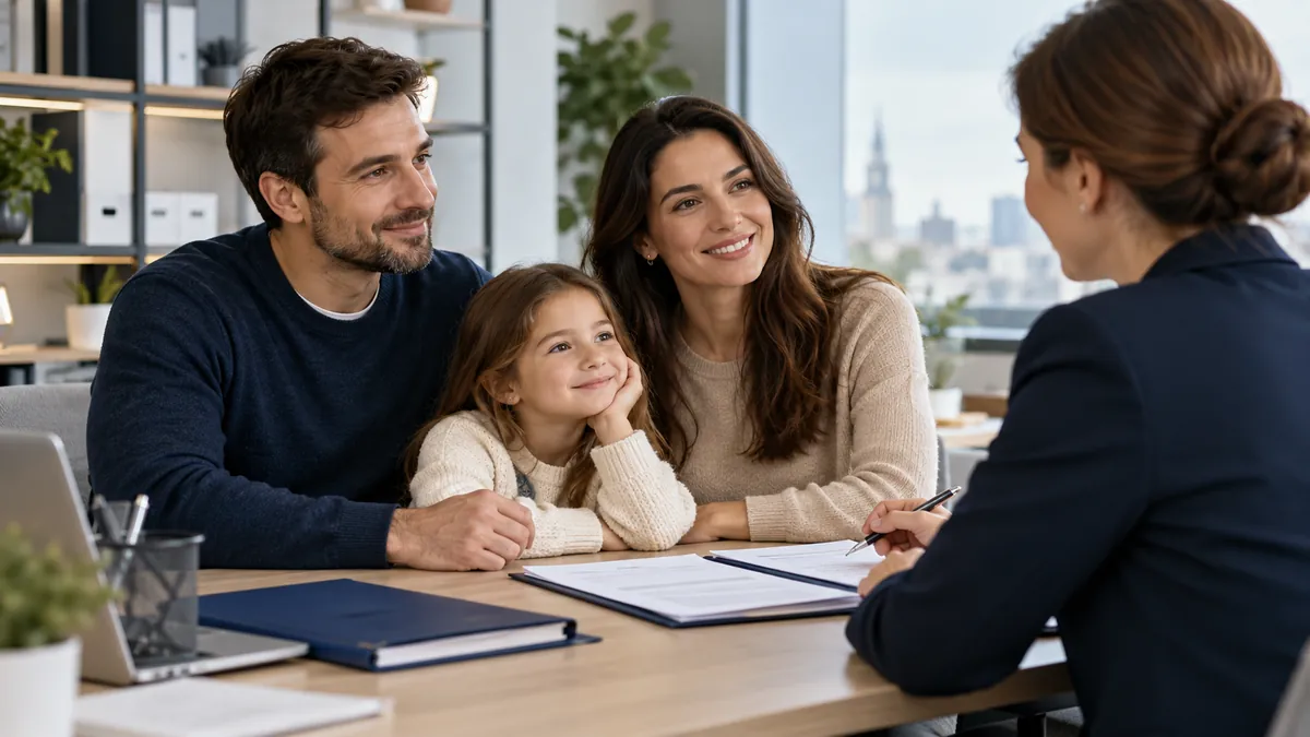 Родители с дочерью беседуют с консультантом за столом