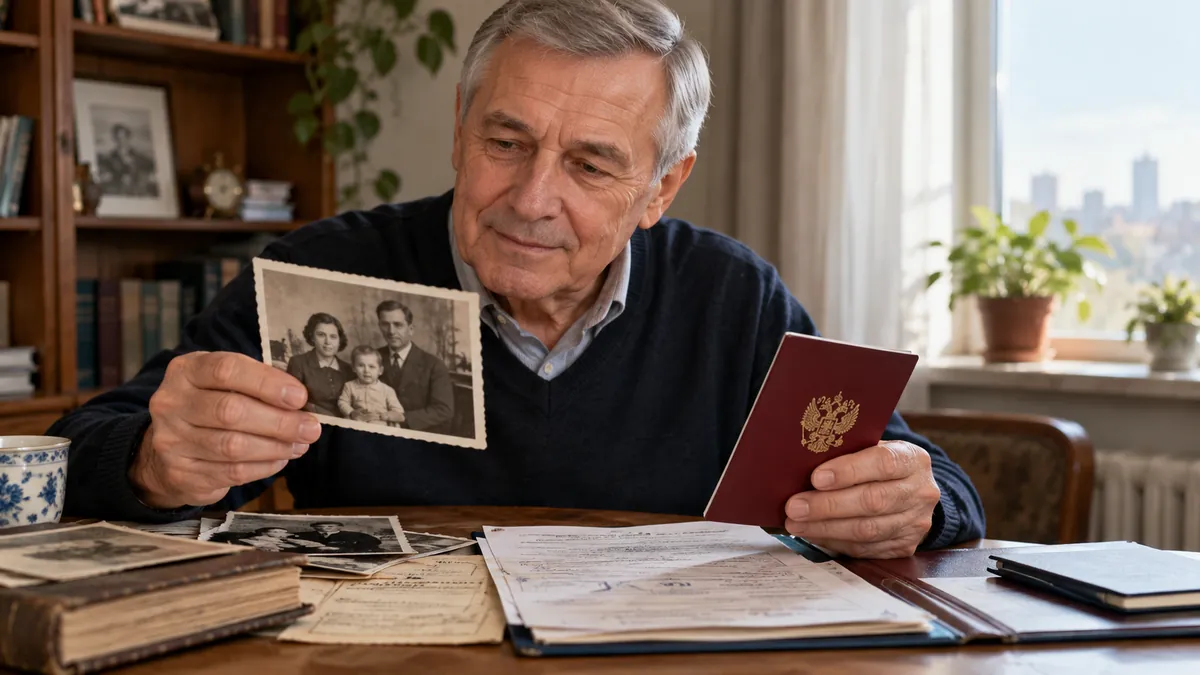 Пожилой мужчина держит старую фотографию и красный паспорт