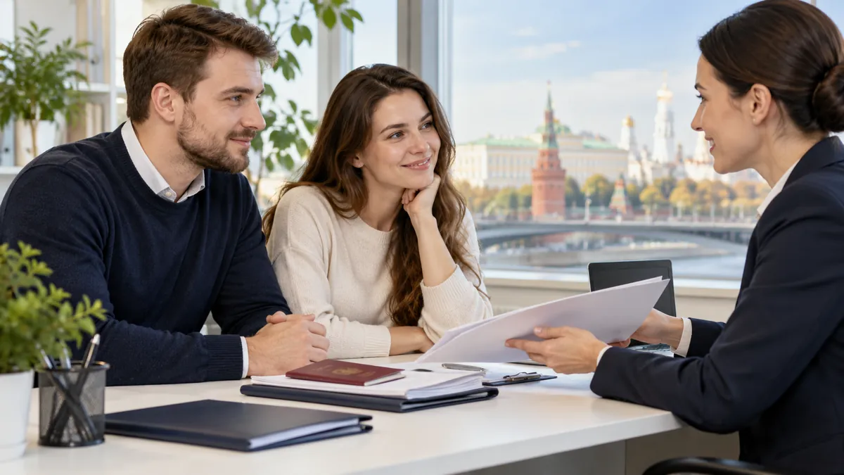 Супружеская пара беседует с консультантом, за окном виден Кремль