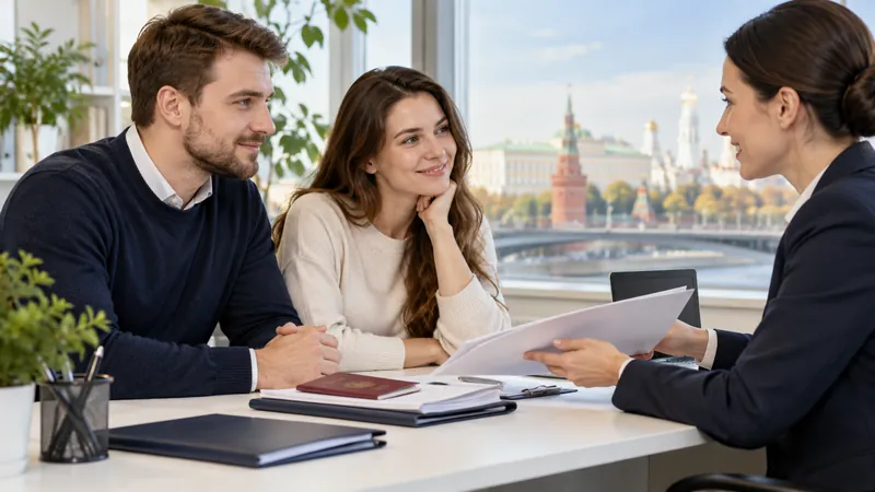 Супружеская пара беседует с консультантом, за окном виден Кремль